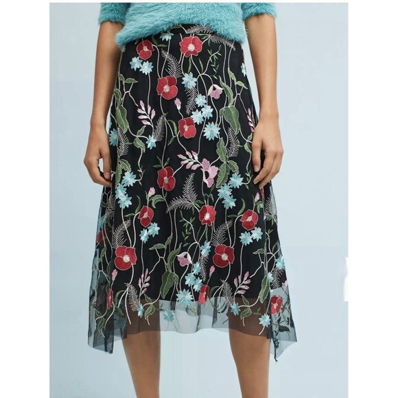 Anthropologie Skirt Sz 4 Eva Franco Poppy Midi Embroidered Asimetric Boho Floral - Picture 12 of 16